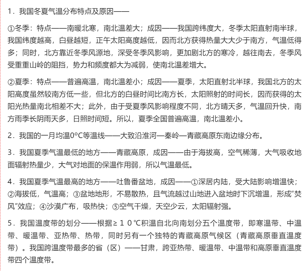 2024年初中中国的气候重要知识点